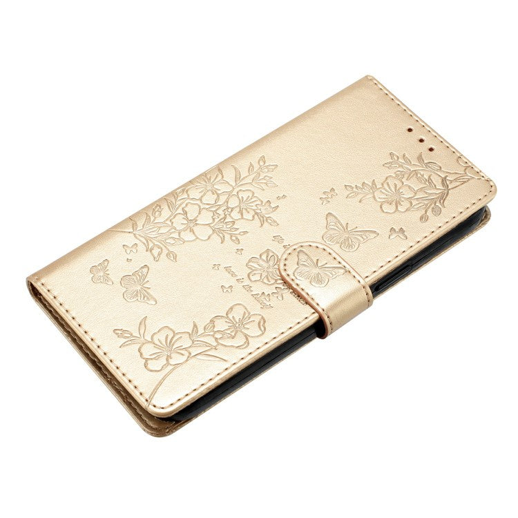 For Xiaomi Poco C75 4G / Redmi 14R 5G / 14C 4G Wallet Phone Case Butterfly Floral Imprint Leather Flip Cover - Gold