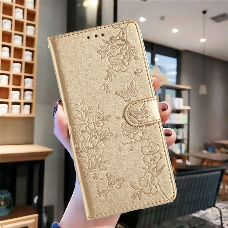 For Xiaomi Poco C75 4G / Redmi 14R 5G / 14C 4G Wallet Phone Case Butterfly Floral Imprint Leather Flip Cover - Gold