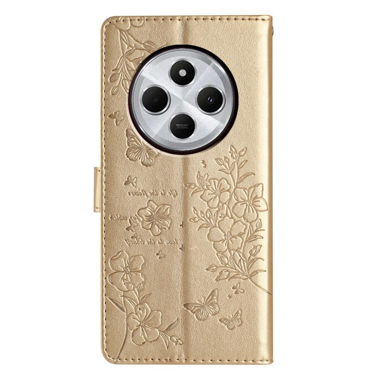 For Xiaomi Poco C75 4G / Redmi 14R 5G / 14C 4G Wallet Phone Case Butterfly Floral Imprint Leather Flip Cover - Gold