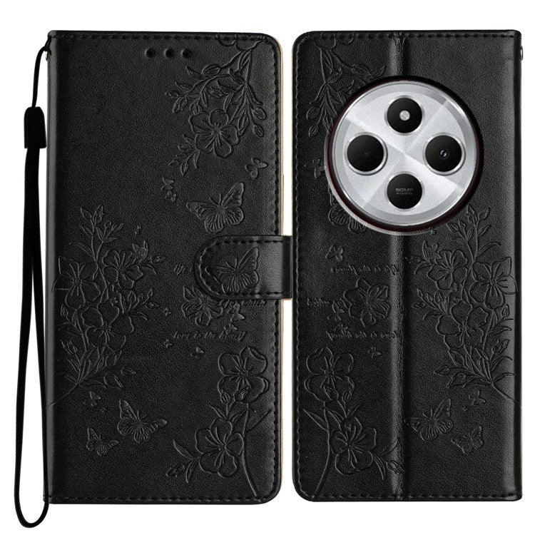 For Xiaomi Poco C75 4G / Redmi 14R 5G / 14C 4G Wallet Phone Case Butterfly Floral Imprint Leather Flip Cover - Black