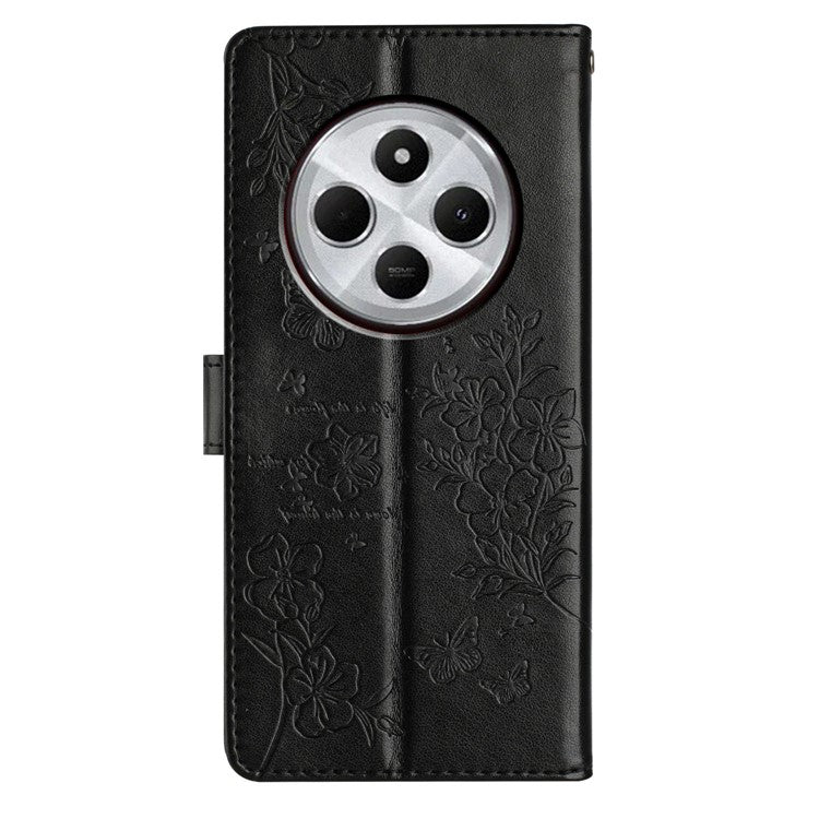 For Xiaomi Poco C75 4G / Redmi 14R 5G / 14C 4G Wallet Phone Case Butterfly Floral Imprint Leather Flip Cover - Black