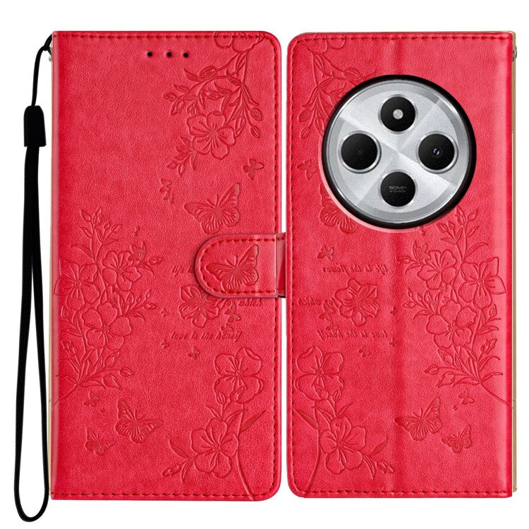 For Xiaomi Poco C75 4G / Redmi 14R 5G / 14C 4G Wallet Phone Case Butterfly Floral Imprint Leather Flip Cover - Red