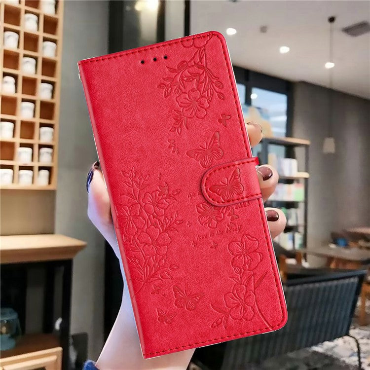 For Xiaomi Poco C75 4G / Redmi 14R 5G / 14C 4G Wallet Phone Case Butterfly Floral Imprint Leather Flip Cover - Red