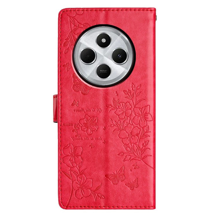 For Xiaomi Poco C75 4G / Redmi 14R 5G / 14C 4G Wallet Phone Case Butterfly Floral Imprint Leather Flip Cover - Red