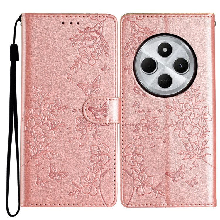 For Xiaomi Poco C75 4G / Redmi 14R 5G / 14C 4G Wallet Phone Case Butterfly Floral Imprint Leather Flip Cover - Rose Gold