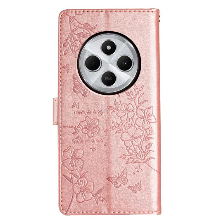 For Xiaomi Poco C75 4G / Redmi 14R 5G / 14C 4G Wallet Phone Case Butterfly Floral Imprint Leather Flip Cover - Rose Gold