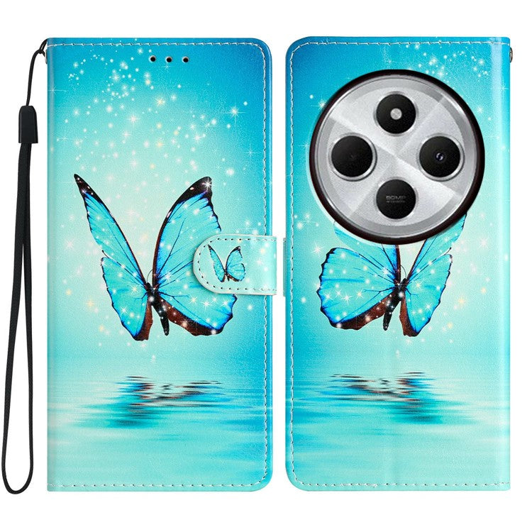 For Xiaomi Poco C75 4G / Redmi 14R 5G / 14C 4G Wallet Case PU Leather Pattern Printing Stand Phone Cover with Strap - Blue Butterfly