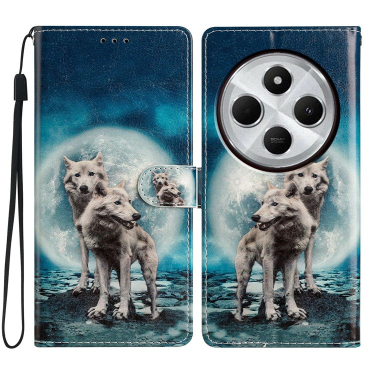 For Xiaomi Poco C75 4G / Redmi 14R 5G / 14C 4G Wallet Case PU Leather Pattern Printing Stand Phone Cover with Strap - Two Wolves