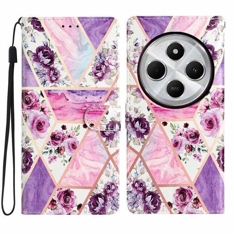 For Xiaomi Poco C75 4G / Redmi 14R 5G / 14C 4G Wallet Case PU Leather Pattern Printing Stand Phone Cover with Strap - Purple Flowers