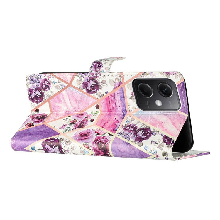 For Xiaomi Poco C75 4G / Redmi 14R 5G / 14C 4G Wallet Case PU Leather Pattern Printing Stand Phone Cover with Strap - Purple Flowers