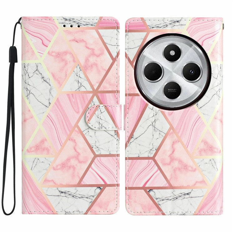 For Xiaomi Poco C75 4G / Redmi 14R 5G / 14C 4G Wallet Case PU Leather Pattern Printing Stand Phone Cover with Strap - Pink Marble