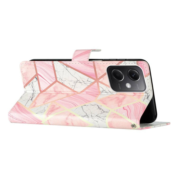 For Xiaomi Poco C75 4G / Redmi 14R 5G / 14C 4G Wallet Case PU Leather Pattern Printing Stand Phone Cover with Strap - Pink Marble