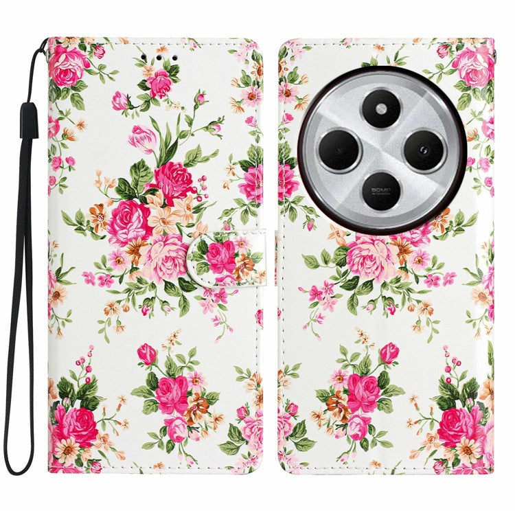 For Xiaomi Poco C75 4G / Redmi 14R 5G / 14C 4G Wallet Case PU Leather Pattern Printing Stand Phone Cover with Strap - Red Flowers