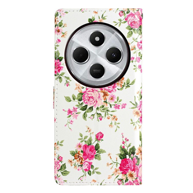 For Xiaomi Poco C75 4G / Redmi 14R 5G / 14C 4G Wallet Case PU Leather Pattern Printing Stand Phone Cover with Strap - Red Flowers