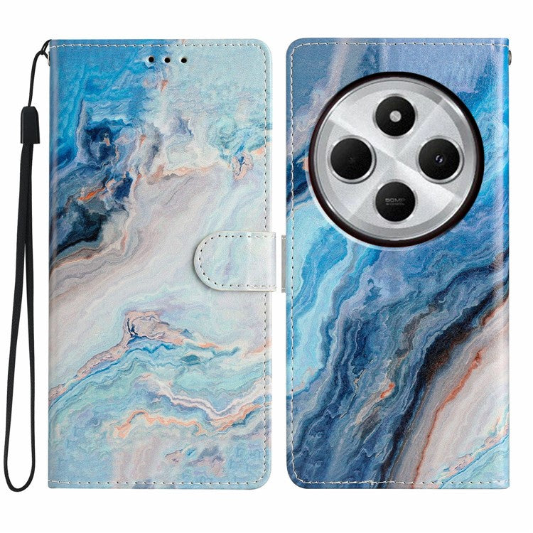 For Xiaomi Poco C75 4G / Redmi 14R 5G / 14C 4G Wallet Case PU Leather Pattern Printing Stand Phone Cover with Strap - Blue Marble