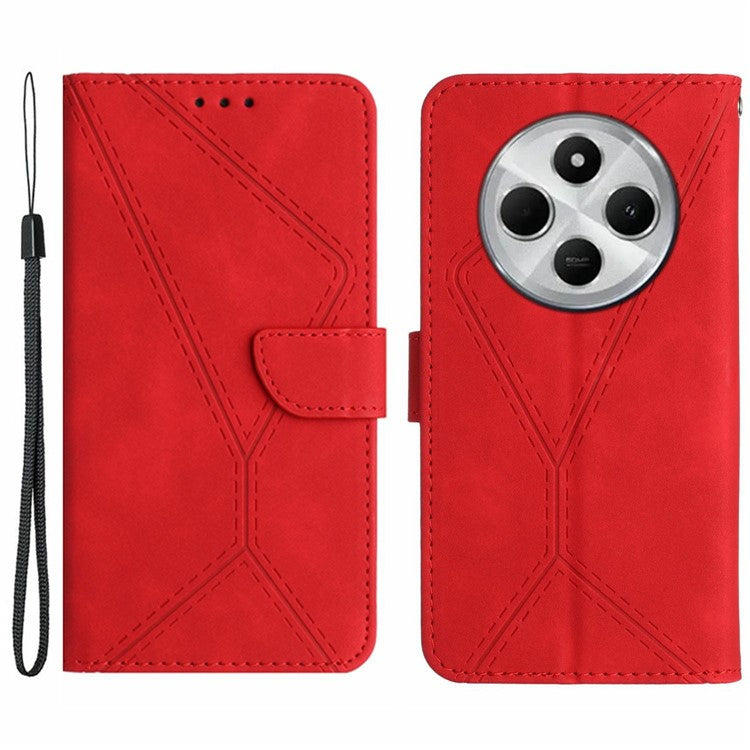 HT05 For Xiaomi Poco C75 4G / Redmi 14R 5G / 14C 4G Case Skin-Touch Lines PU Leather Flip Phone Cover - Red