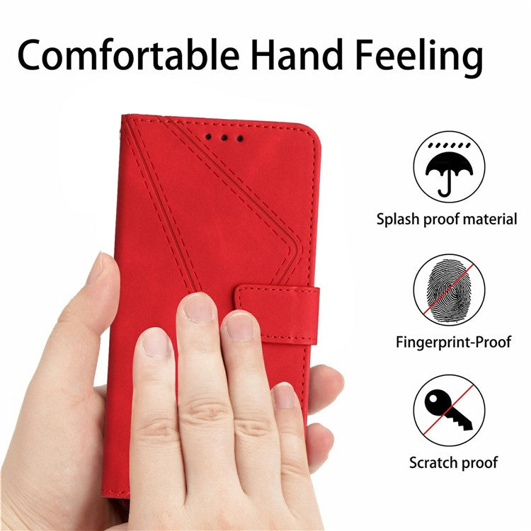 HT05 For Xiaomi Poco C75 4G / Redmi 14R 5G / 14C 4G Case Skin-Touch Lines PU Leather Flip Phone Cover - Red