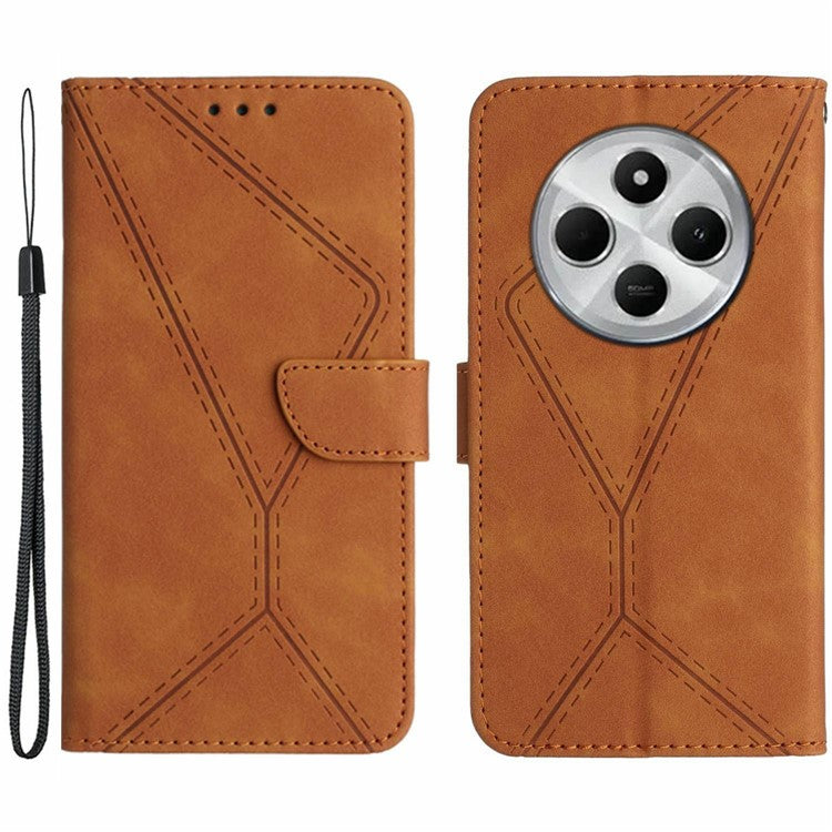 HT05 For Xiaomi Poco C75 4G / Redmi 14R 5G / 14C 4G Case Skin-Touch Lines PU Leather Flip Phone Cover - Brown