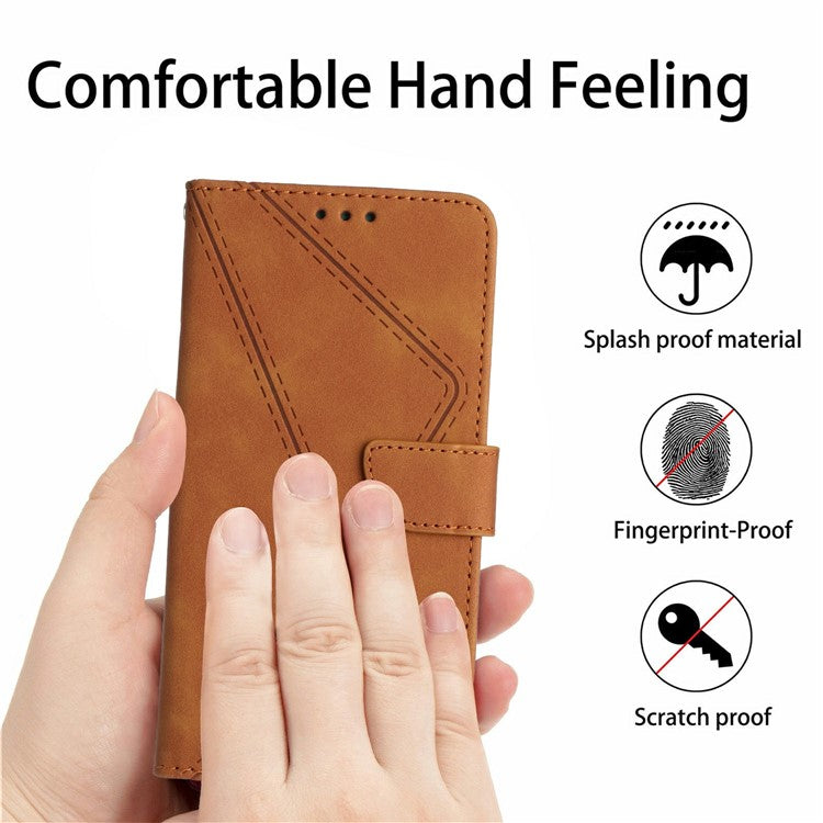 HT05 For Xiaomi Poco C75 4G / Redmi 14R 5G / 14C 4G Case Skin-Touch Lines PU Leather Flip Phone Cover - Brown