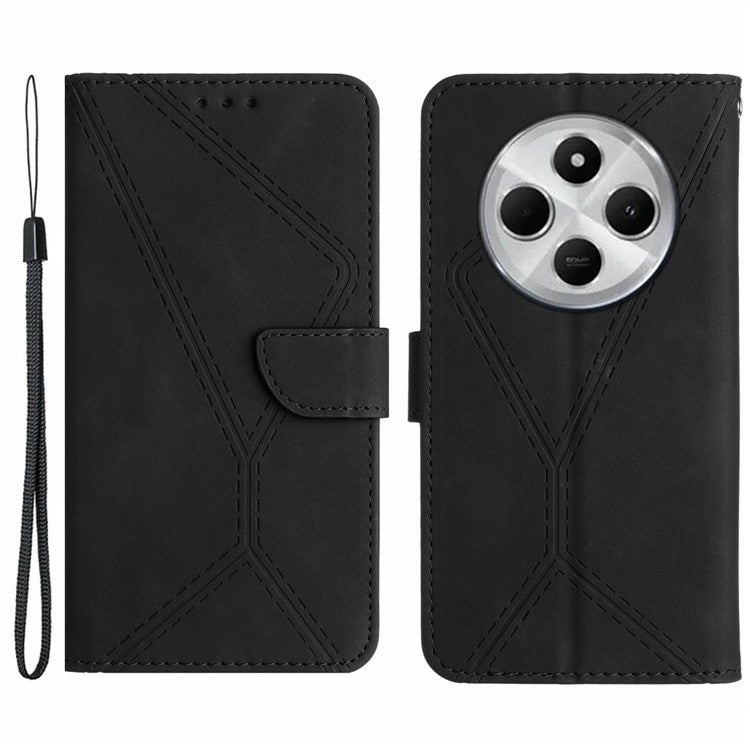 HT05 For Xiaomi Poco C75 4G / Redmi 14R 5G / 14C 4G Case Skin-Touch Lines PU Leather Flip Phone Cover - Black