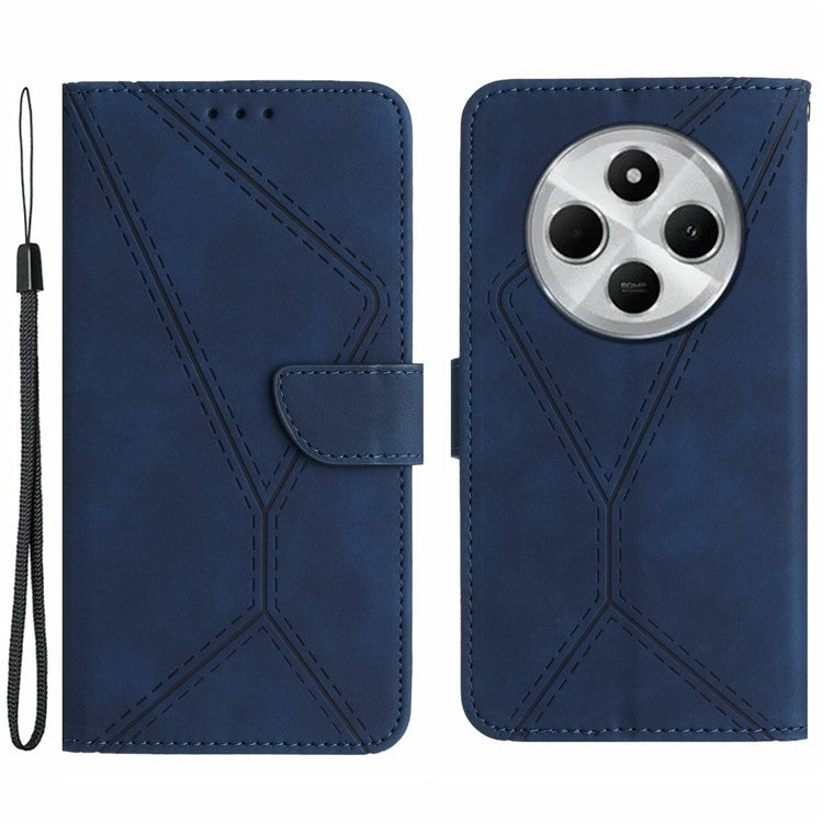 HT05 For Xiaomi Poco C75 4G / Redmi 14R 5G / 14C 4G Case Skin-Touch Lines PU Leather Flip Phone Cover - Blue