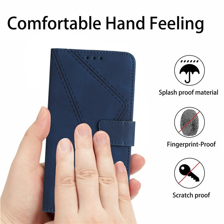 HT05 For Xiaomi Poco C75 4G / Redmi 14R 5G / 14C 4G Case Skin-Touch Lines PU Leather Flip Phone Cover - Blue