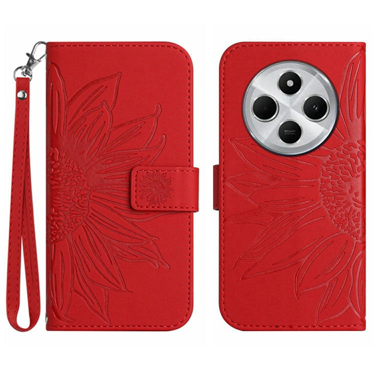 HT04 For Xiaomi Poco C75 4G / Redmi 14R 5G / 14C 4G Case Sunflower Imprint Leather Wallet Phone Cover with Wrist Strap - Red