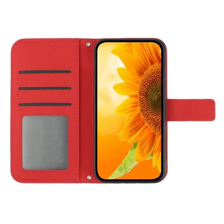 HT04 For Xiaomi Poco C75 4G / Redmi 14R 5G / 14C 4G Case Sunflower Imprint Leather Wallet Phone Cover with Wrist Strap - Red