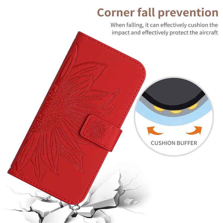 HT04 For Xiaomi Poco C75 4G / Redmi 14R 5G / 14C 4G Case Sunflower Imprint Leather Wallet Phone Cover with Wrist Strap - Red