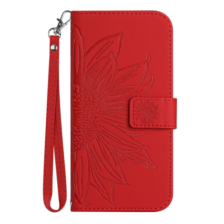 HT04 For Xiaomi Poco C75 4G / Redmi 14R 5G / 14C 4G Case Sunflower Imprint Leather Wallet Phone Cover with Wrist Strap - Red