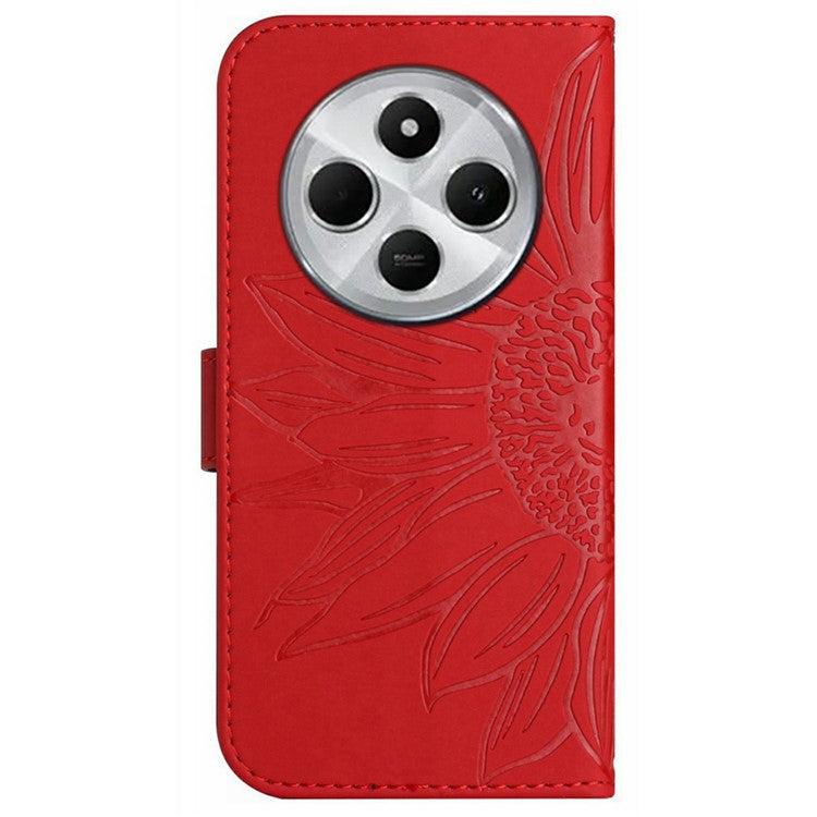 HT04 For Xiaomi Poco C75 4G / Redmi 14R 5G / 14C 4G Case Sunflower Imprint Leather Wallet Phone Cover with Wrist Strap - Red