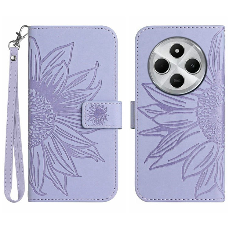 HT04 For Xiaomi Poco C75 4G / Redmi 14R 5G / 14C 4G Case Sunflower Imprint Leather Wallet Phone Cover with Wrist Strap - Light Purple