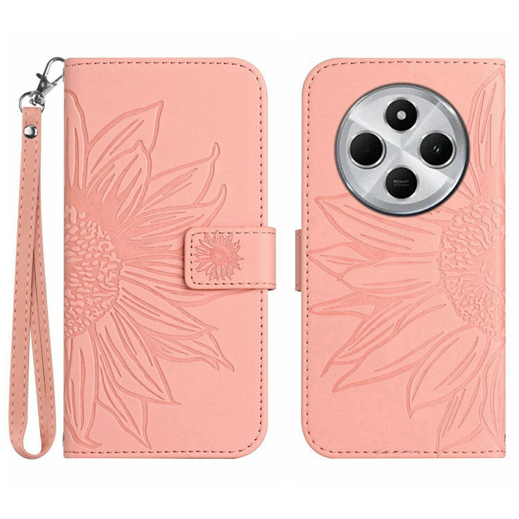 HT04 For Xiaomi Poco C75 4G / Redmi 14R 5G / 14C 4G Case Sunflower Imprint Leather Wallet Phone Cover with Wrist Strap - Light Pink