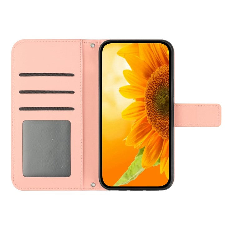 HT04 For Xiaomi Poco C75 4G / Redmi 14R 5G / 14C 4G Case Sunflower Imprint Leather Wallet Phone Cover with Wrist Strap - Light Pink