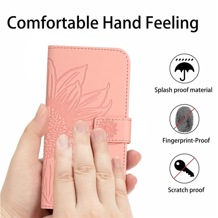 HT04 For Xiaomi Poco C75 4G / Redmi 14R 5G / 14C 4G Case Sunflower Imprint Leather Wallet Phone Cover with Wrist Strap - Light Pink