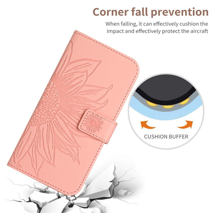 HT04 For Xiaomi Poco C75 4G / Redmi 14R 5G / 14C 4G Case Sunflower Imprint Leather Wallet Phone Cover with Wrist Strap - Light Pink