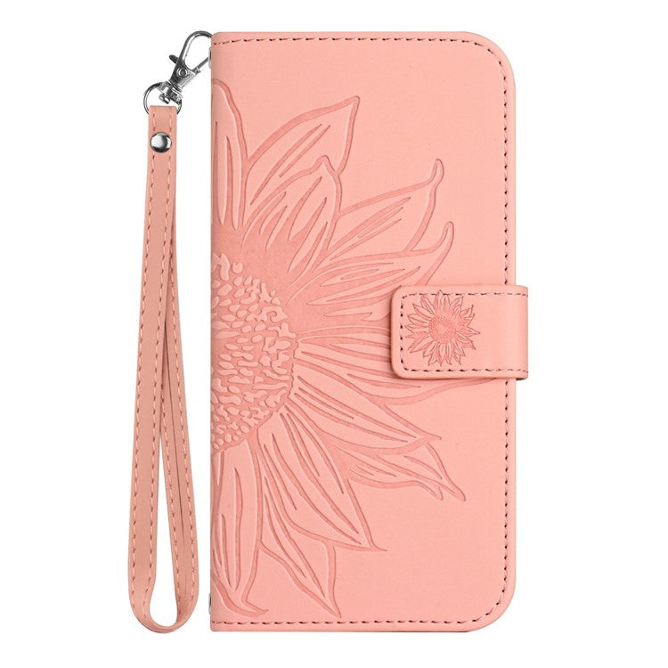 HT04 For Xiaomi Poco C75 4G / Redmi 14R 5G / 14C 4G Case Sunflower Imprint Leather Wallet Phone Cover with Wrist Strap - Light Pink