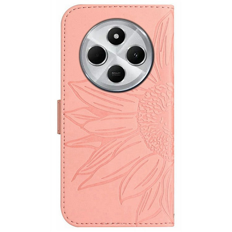 HT04 For Xiaomi Poco C75 4G / Redmi 14R 5G / 14C 4G Case Sunflower Imprint Leather Wallet Phone Cover with Wrist Strap - Light Pink