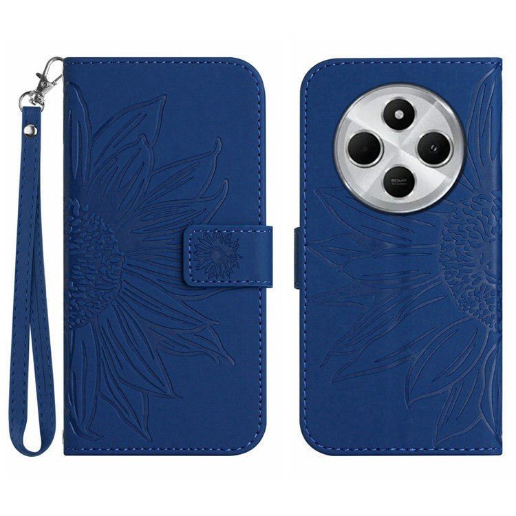 HT04 For Xiaomi Poco C75 4G / Redmi 14R 5G / 14C 4G Case Sunflower Imprint Leather Wallet Phone Cover with Wrist Strap - Sapphire