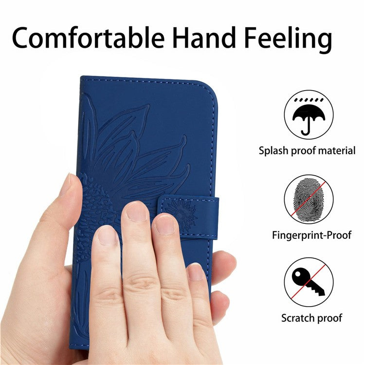 HT04 For Xiaomi Poco C75 4G / Redmi 14R 5G / 14C 4G Case Sunflower Imprint Leather Wallet Phone Cover with Wrist Strap - Sapphire