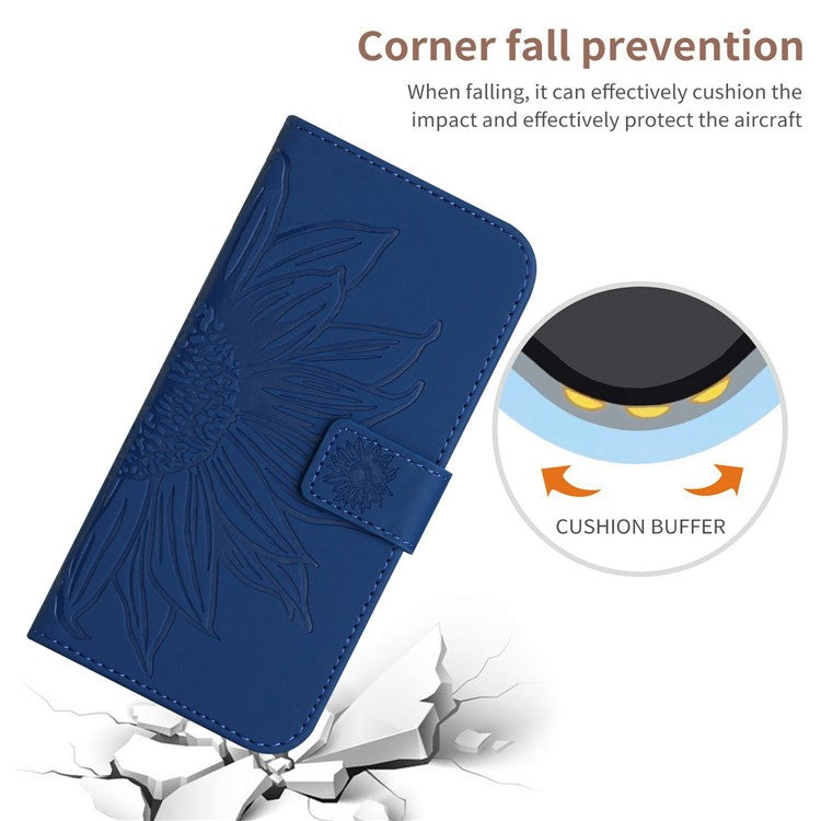 HT04 For Xiaomi Poco C75 4G / Redmi 14R 5G / 14C 4G Case Sunflower Imprint Leather Wallet Phone Cover with Wrist Strap - Sapphire