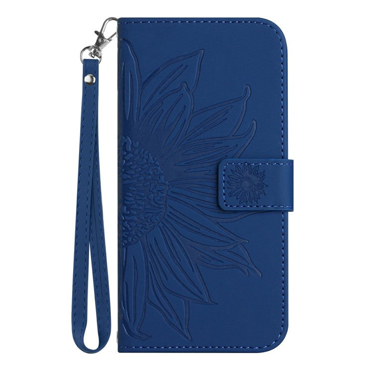 HT04 For Xiaomi Poco C75 4G / Redmi 14R 5G / 14C 4G Case Sunflower Imprint Leather Wallet Phone Cover with Wrist Strap - Sapphire