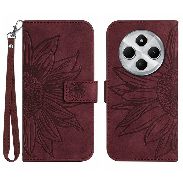 HT04 For Xiaomi Poco C75 4G / Redmi 14R 5G / 14C 4G Case Sunflower Imprint Leather Wallet Phone Cover with Wrist Strap - Wine Red