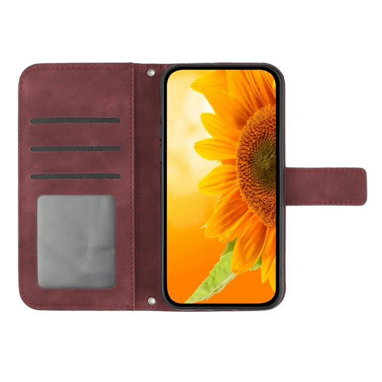 HT04 For Xiaomi Poco C75 4G / Redmi 14R 5G / 14C 4G Case Sunflower Imprint Leather Wallet Phone Cover with Wrist Strap - Wine Red