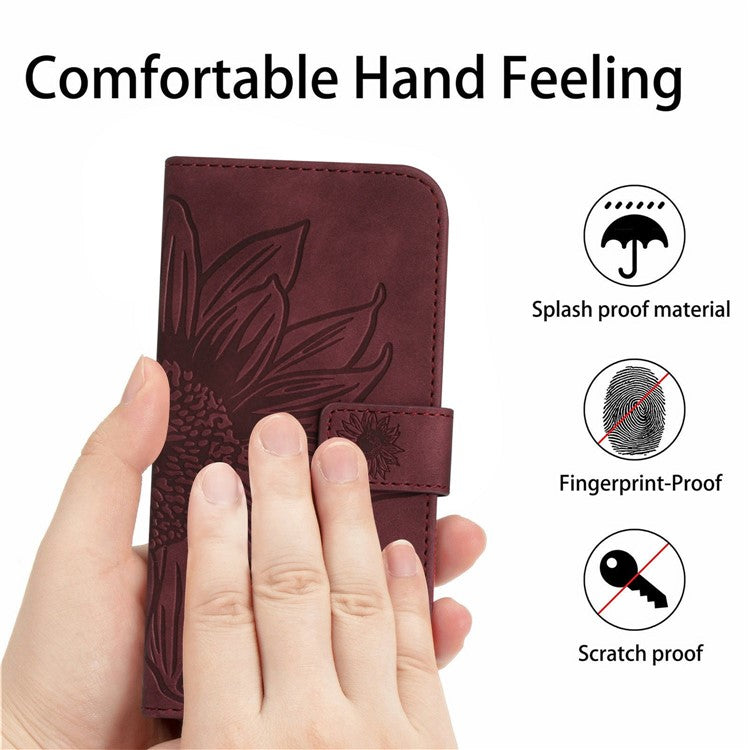 HT04 For Xiaomi Poco C75 4G / Redmi 14R 5G / 14C 4G Case Sunflower Imprint Leather Wallet Phone Cover with Wrist Strap - Wine Red