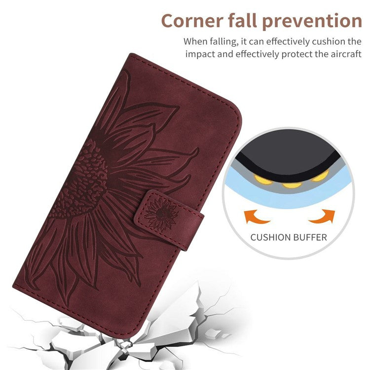 HT04 For Xiaomi Poco C75 4G / Redmi 14R 5G / 14C 4G Case Sunflower Imprint Leather Wallet Phone Cover with Wrist Strap - Wine Red