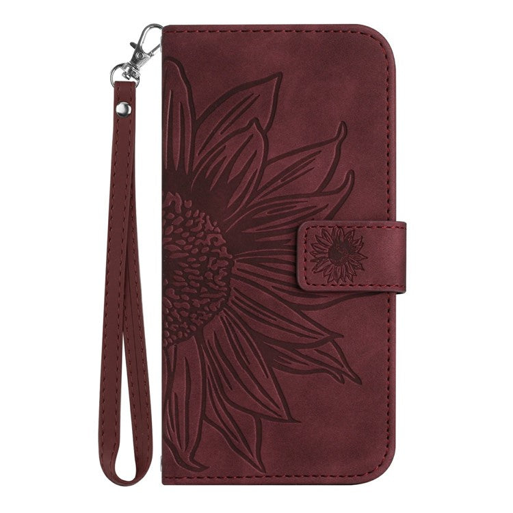 HT04 For Xiaomi Poco C75 4G / Redmi 14R 5G / 14C 4G Case Sunflower Imprint Leather Wallet Phone Cover with Wrist Strap - Wine Red