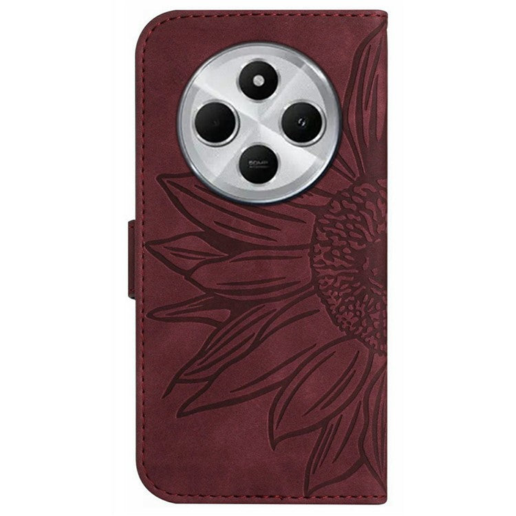 HT04 For Xiaomi Poco C75 4G / Redmi 14R 5G / 14C 4G Case Sunflower Imprint Leather Wallet Phone Cover with Wrist Strap - Wine Red