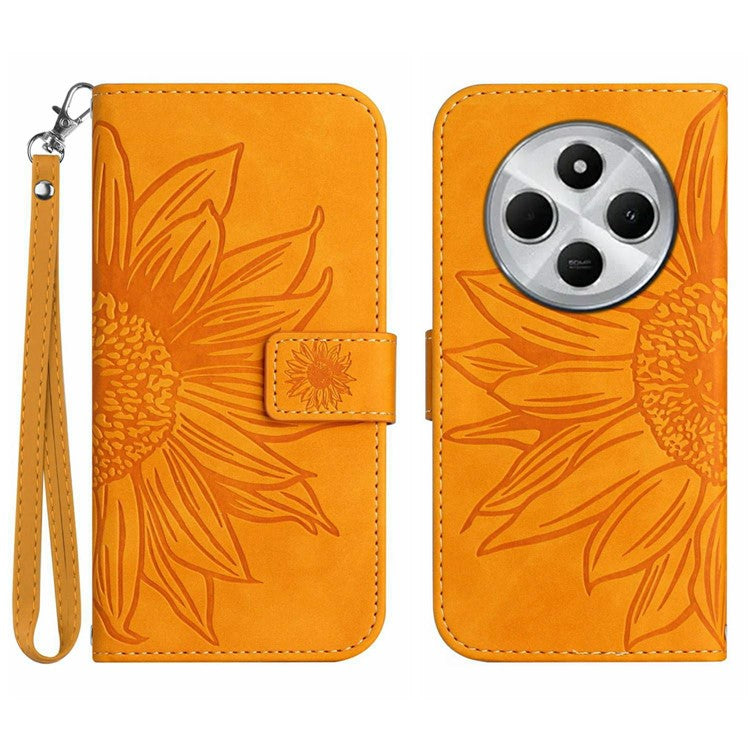 HT04 For Xiaomi Poco C75 4G / Redmi 14R 5G / 14C 4G Case Sunflower Imprint Leather Wallet Phone Cover with Wrist Strap - Yellow