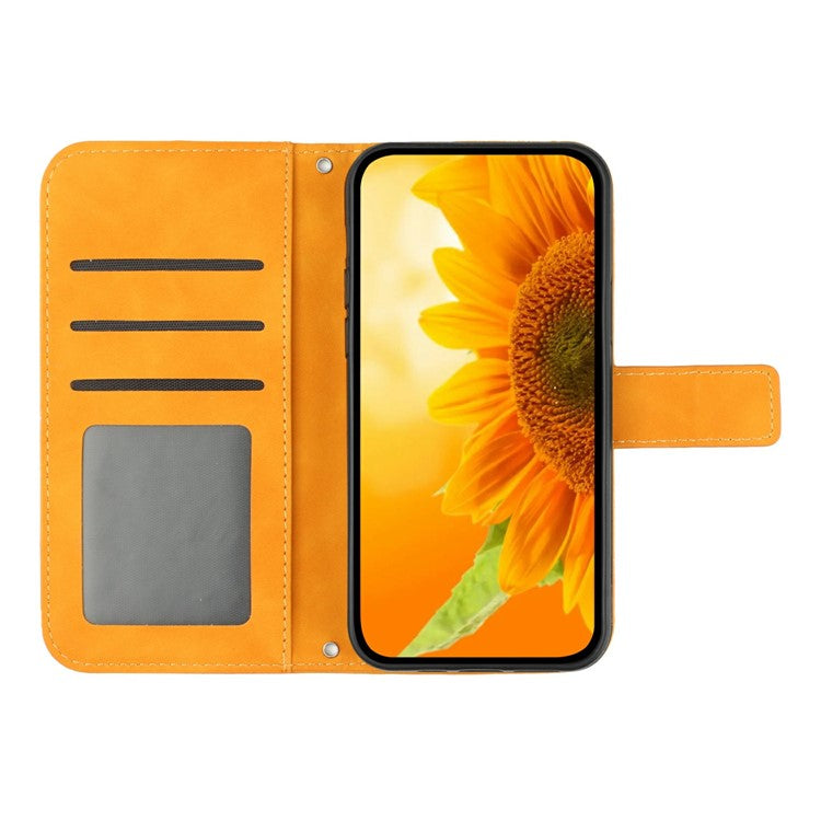 HT04 For Xiaomi Poco C75 4G / Redmi 14R 5G / 14C 4G Case Sunflower Imprint Leather Wallet Phone Cover with Wrist Strap - Yellow